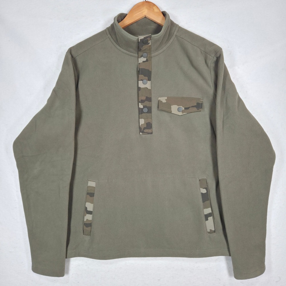 Duluth Trading Co Mens Fleece Pullover Olive Green Camo Trim Snap Neck 80632 M